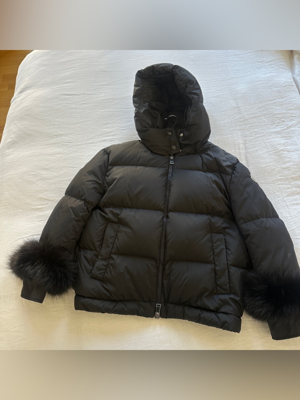 Moncler Black Hooded Puffer Jacket with Fur Cuffs